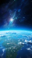 View of Earth from space with stars and galaxies in the background