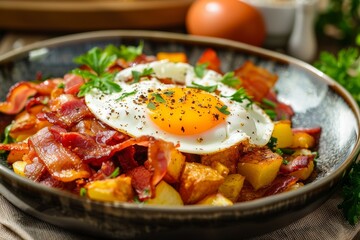 Breakfast dish with fried egg bacon or prosciutto and potato hash