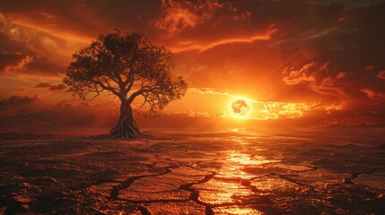 A tree is in the middle of a desert with a sunset in the background