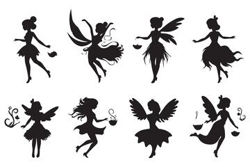 Fairy magic silhouettes set white background