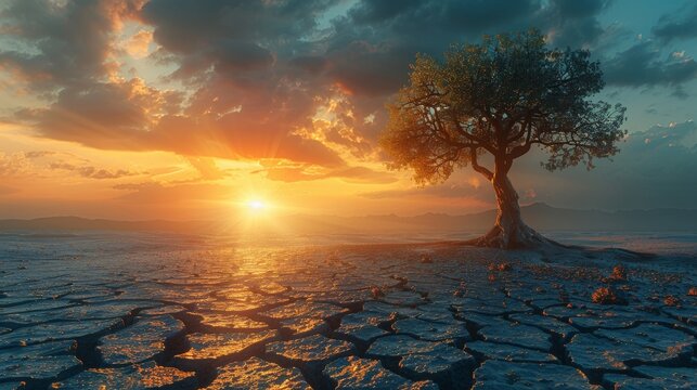 A tree is in the middle of a desert with a sunset in the background