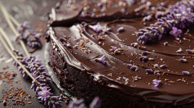 A chocolate torte adorned with dried lavender flowers served as a decadent dessert.