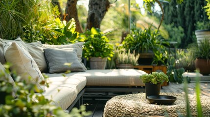 A serene outdoor patio setting complete with comfortable cushions and lush greenery is the perfect spot for morning meditation.