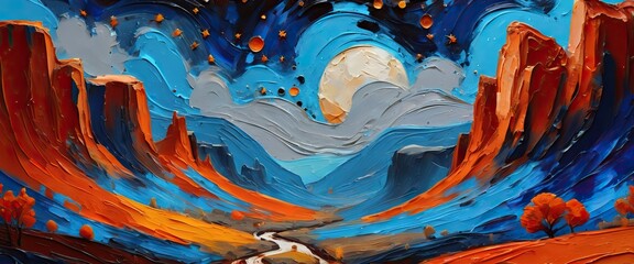 Fototapeta premium Beautiful valley landscape with starry sky, oil painting