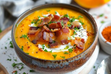 Butternut squash soup with bacon and cream on wooden board