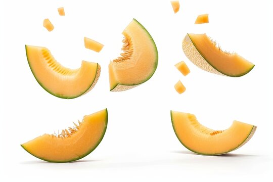 Cantaloupe melon slices falling in the air on white background