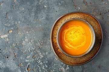 Carrot ginger soup in bowl on stone background