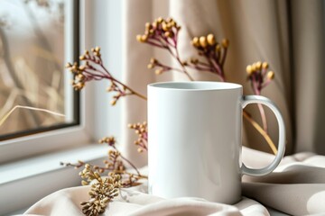 White Blank Mug Mockup in Photographic Scene created with Generative AI