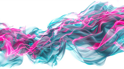 Vivid pink neon lightning streaks amidst energetic cyan wave patterns, isolated on a solid white background."
