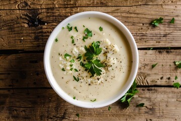 Cauliflower soup in a homemade bowl