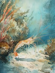 Shrimp scuttle along ocean floors, tiny but mighty architects of the underwater world, bright water color - obrazy, fototapety, plakaty