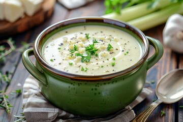 Celeriac soup in green bowl with fresh thyme and celery perfect for fall - obrazy, fototapety, plakaty