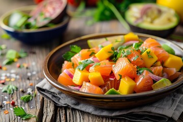 Ceviche made with salmon lemon mango avocado on wood table