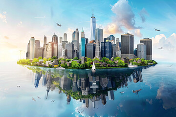 City skyscrapers bathed in the warm glow of a sunset, casting long reflections on a still river