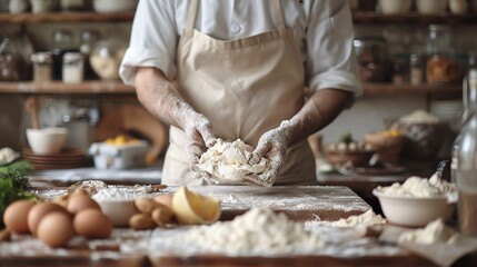 Baker kneads dough on a wooden table in a rustic kitchen