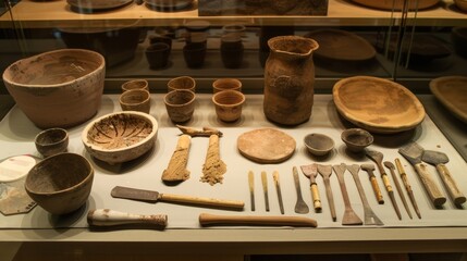 A display of various tools and materials used in advanced wheelthrowing from shaping ribs to glazes..