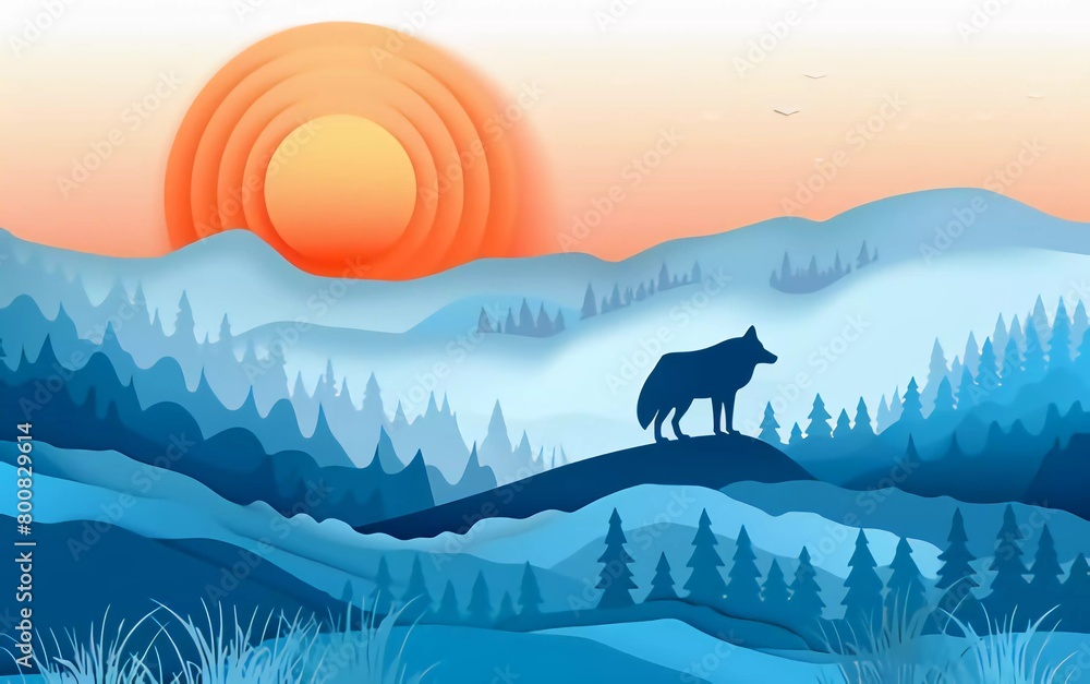 Wall mural wolf horizon in very clear paper cut style vector illustration