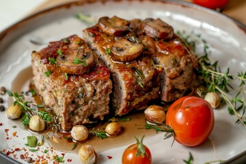 Chef s meatloaf with pork lamb or beef and mushrooms nuts tomatoes and herbs for restaurant service
