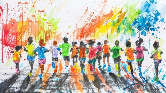 The beginning of a marathon is captured in a childrens drawing, with runners poised at the start line in a burst of colors, children drawing concept