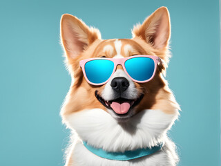 A dog wearing sunglasses and a blue collar