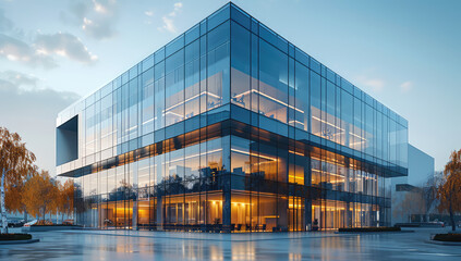 A modern office building with glass facade, 3d rendering illustration. A large square transparent window in the center of an elegant business centre. Created with Ai