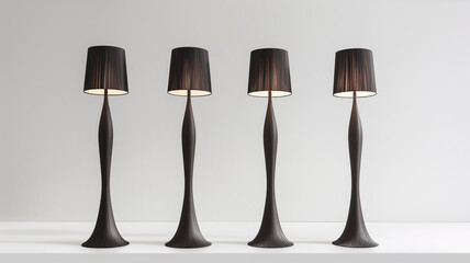 Four contemporary ground lamps, exuding sophistication and style, standing elegantly against a bright white surface