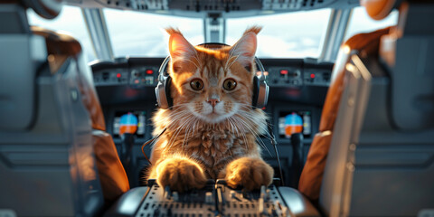 A cat sitting in the cockpit of a plane - obrazy, fototapety, plakaty