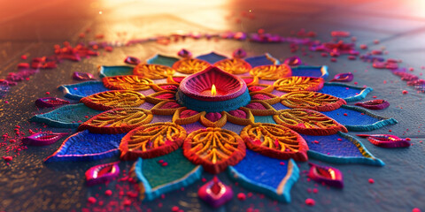 Colourful rangoli designs created on the ground