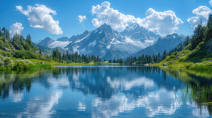 Beautiful lake with clear water and reflection of mountain range in background. Created with Ai