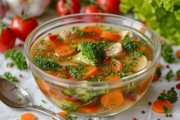 Chicken soup with carrots and broccoli in a glass bowl - Powered by Adobe