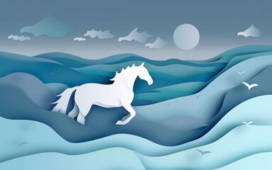 Horse skyline in very clear paper cut style vector illustration