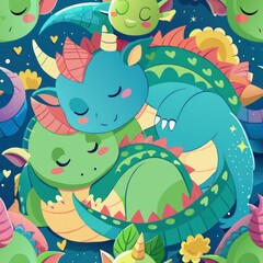 Seamless pattern of sweet dragon siblings cuddled up together for a nap, Generative AI