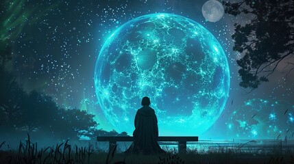 A person in a dark cloak is sitting on a bench in front of a large window. The window shows a view of a blue planet with a glowing white vortex above it. There are also two moons visible outside the w