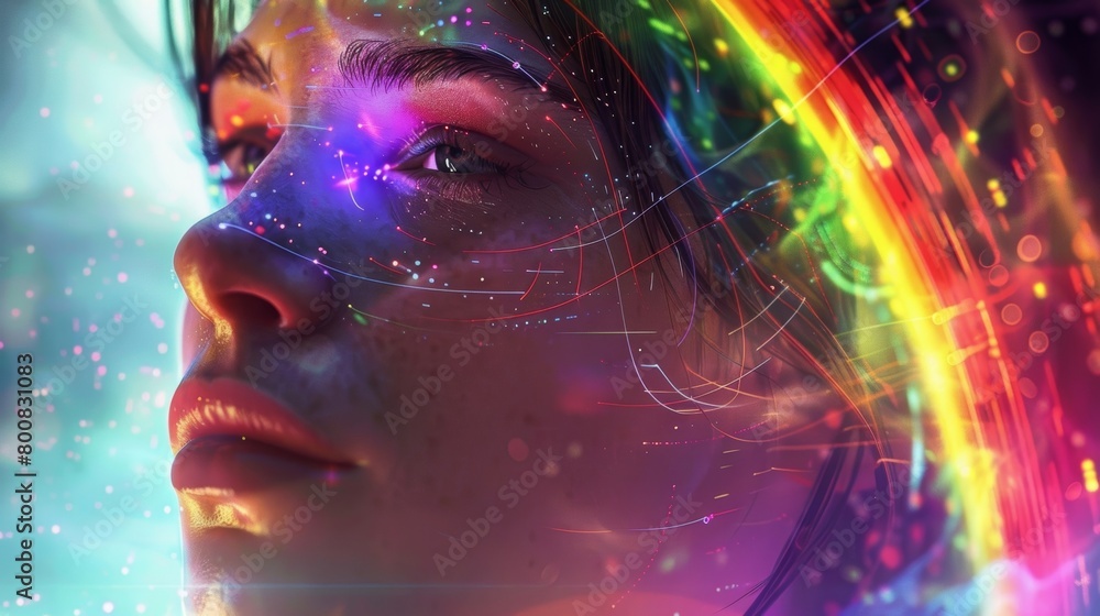 Poster a closeup of a persons face with a serene expression surrounded by a halo of rainbowcolored light re