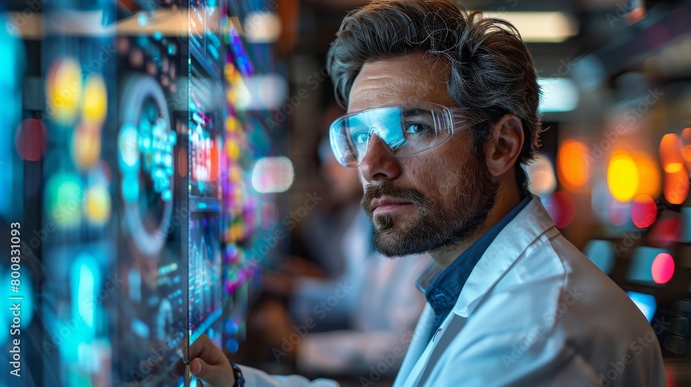 Poster a man in a lab coat is looking at a computer screen with a lot of numbers
