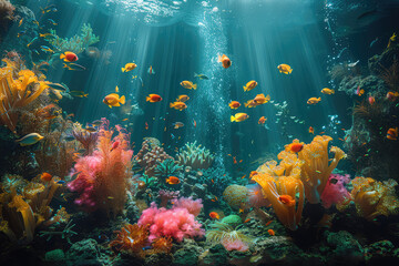 Fototapeta na wymiar A vibrant coral reef teeming with colorful fish and intricate sea life, rendered in the style of an oil painting. Created with Ai