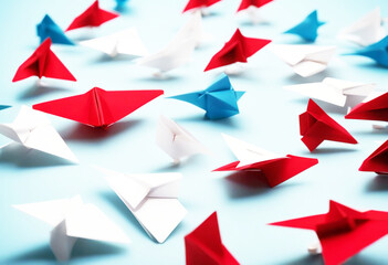 Fototapeta premium 'solution innovative Business background blue way fferent pointing plane paper red one rection white Group concept innovation different 1 direction change individual difference minimal leader'