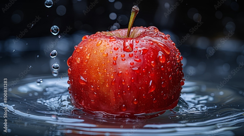 Aufkleber a red apple submerged in water, with droplets forming on its surface both above and below