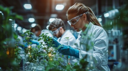 A woman in a lab coat is working with plants