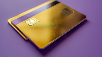 A gradient gold to silver credit card on a purple background, reflecting light.