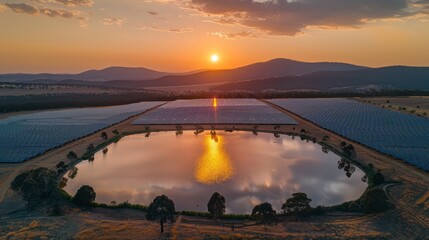 Obraz premium A field of solar panels with the sun setting in the background