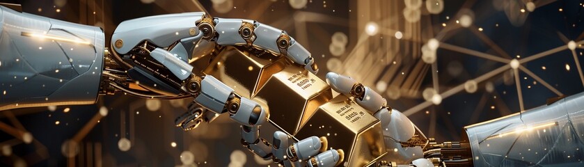 Robot hands exchanging gold bars on a blockchain platform, Depicting the automation and efficiency of blockchain based transactions