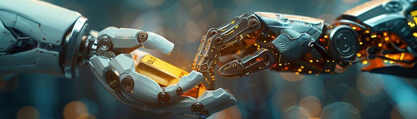 Robot hands exchanging gold bars on a blockchain platform, Depicting the automation and efficiency of blockchain based transactions