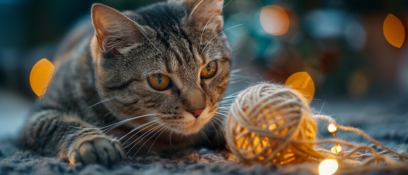 Cat playing with a golden ball of yarn that unravels to reveal a blockchain code, A whimsical representation of the curiosity and exploration of new technologies