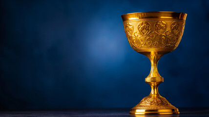 Ornate golden chalice against a dark blue background with a subtle glow.