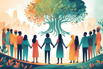 Illustration of different groups of people holding hands. Unity, community, the nature of teamwork, cooperation, the concept of helping each other in a multicultural society, ai, generative, 생성형