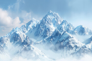 Towering, snow-capped peaks pierce a clear winter sky
