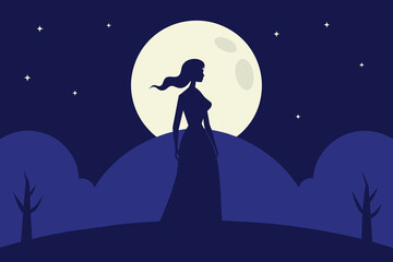 Night scene background with woman silhouette and full moon vector design