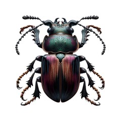 a beetle featuring a body adorned with black and white stripes and elongated antennae, set against a white backdrop.