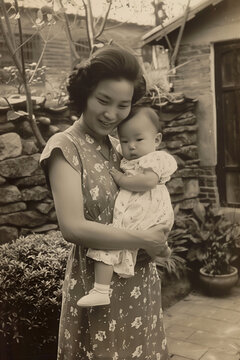 asian mother holding baby daughter in garden, 1950s vintage black and white film photo, historic old and faded, yellowing
